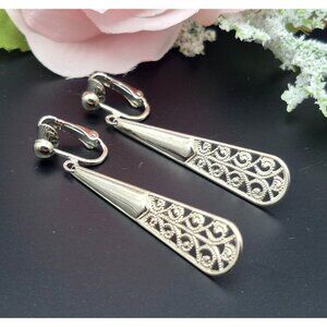 Silver Tone Dangle Drop Clip On Earrings 2" Filigree Teardrop MINT Condition